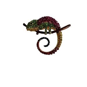 Happy Little Colorful Chameleon Pin/Brooch Sitting on a Branch. Multi. Size 2x2"
